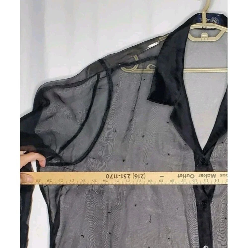 Venezia Sheer Button Collar Shirt Women 22 24 Black Beaded‎ Witchy Whimsigoth